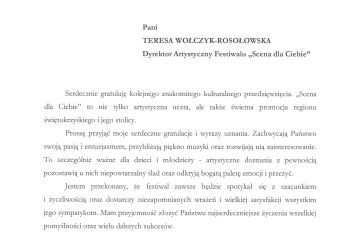 Podziękowania od Wojewody Świętokrzyskiego Zbigniewa Koniusza za organizacje XXIII Edycji Finału Scena dla Ciebie 2021