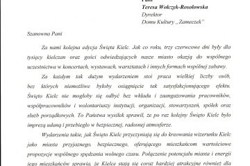 Podziękowania dla Domu Kultury Zameczek od Prezydenta Pana Bogdana Wenty