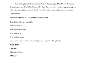 📌PROTOKÓŁ📌 z posiedzenia jury XIII  Wojewódzkiego Konkursu Plastycznego pt. "Moja Mama" organizowanego przez Dom Kultury Zameczek.