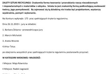 Protokół z Posiedzenia Jury II Edycji Ogólnopolskiego Konkursu Kreatywnego Dla Ludzi  z Wyobraźnią „Art-Recycling”2019 pt. „Anoły Mojej Wyobraźni”