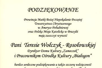 Podziękowanie dla Pani dyr. Teresy Wołczyk-Rosołowskiej i pracowników OK Białogon