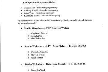 Protokół Komisji Kwalifikacyjnej z przesłuchań do Zameczkowego Studia Piosenki w D.K. „ZAMECZEK” 05.09.2018r.
