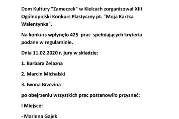 PROTOKÓŁ z posiedzenia jury XIII Ogólnopolskiego Konkursu Plastycznego pn. "Moja Kartka Walentynka"2020r.