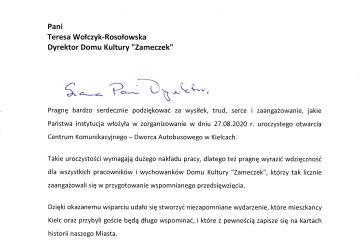 Podziękowania za udział w otwarciu CK Dworca Autobusowego w Kielcach