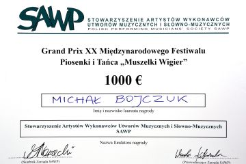 Michał Bojczuk zdobywcą GRAND PRIX  XX Międzynarodowego Festiwalu Piosenki i Tańca pn. „MUSZELKI WIGIER” 