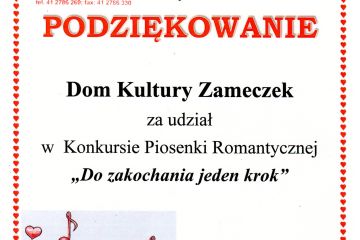 Podziękowania za udział w Konkursie Piosenki Romantycznej pt. "Do zakochania jeden krok"