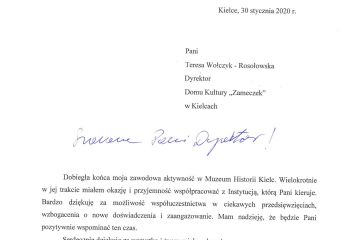 Podziękowanie za wspólprace od Dyrektora Muzeum Historii Kielc - dr Jana Główki 